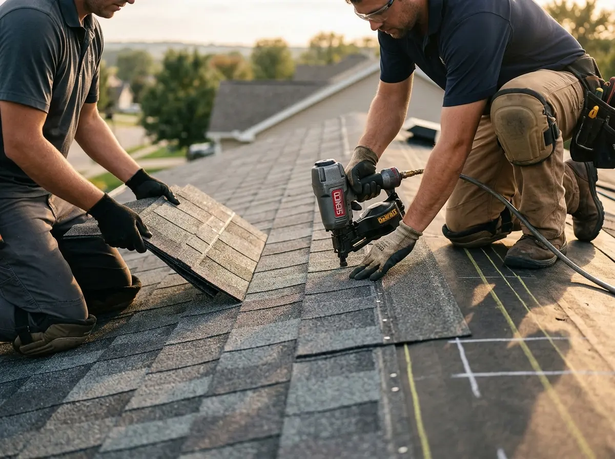 Professional roofer working on a residential roof in LaGrange